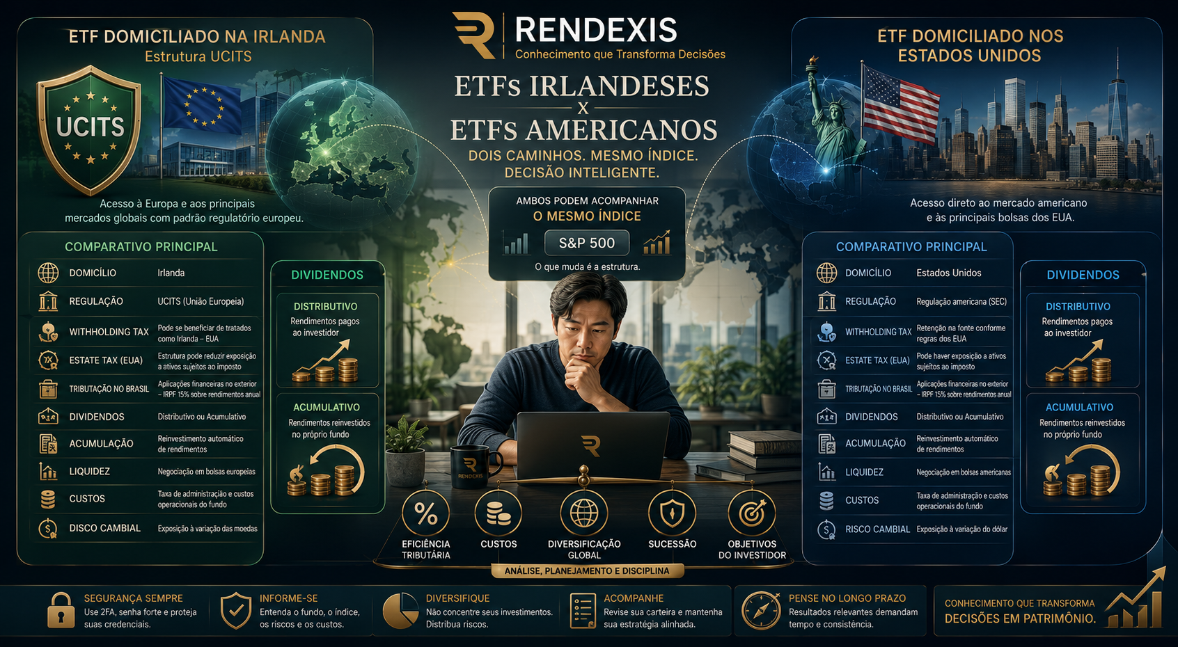 Ilustração mostrando ETFs irlandeses UCITS conectando investidores a mercados globais com foco em diversificação internacional.