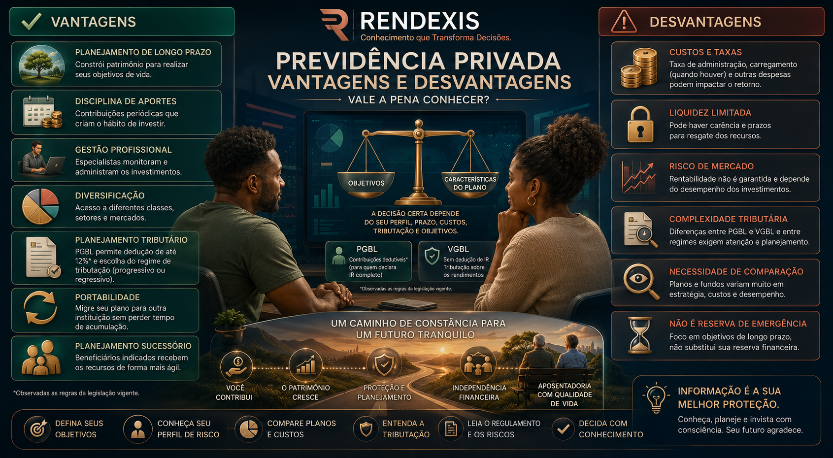 Infográfico comparando as principais vantagens e desvantagens da previdência privada, incluindo planejamento de longo prazo, tributação, custos, liquidez, riscos e sucessão.
