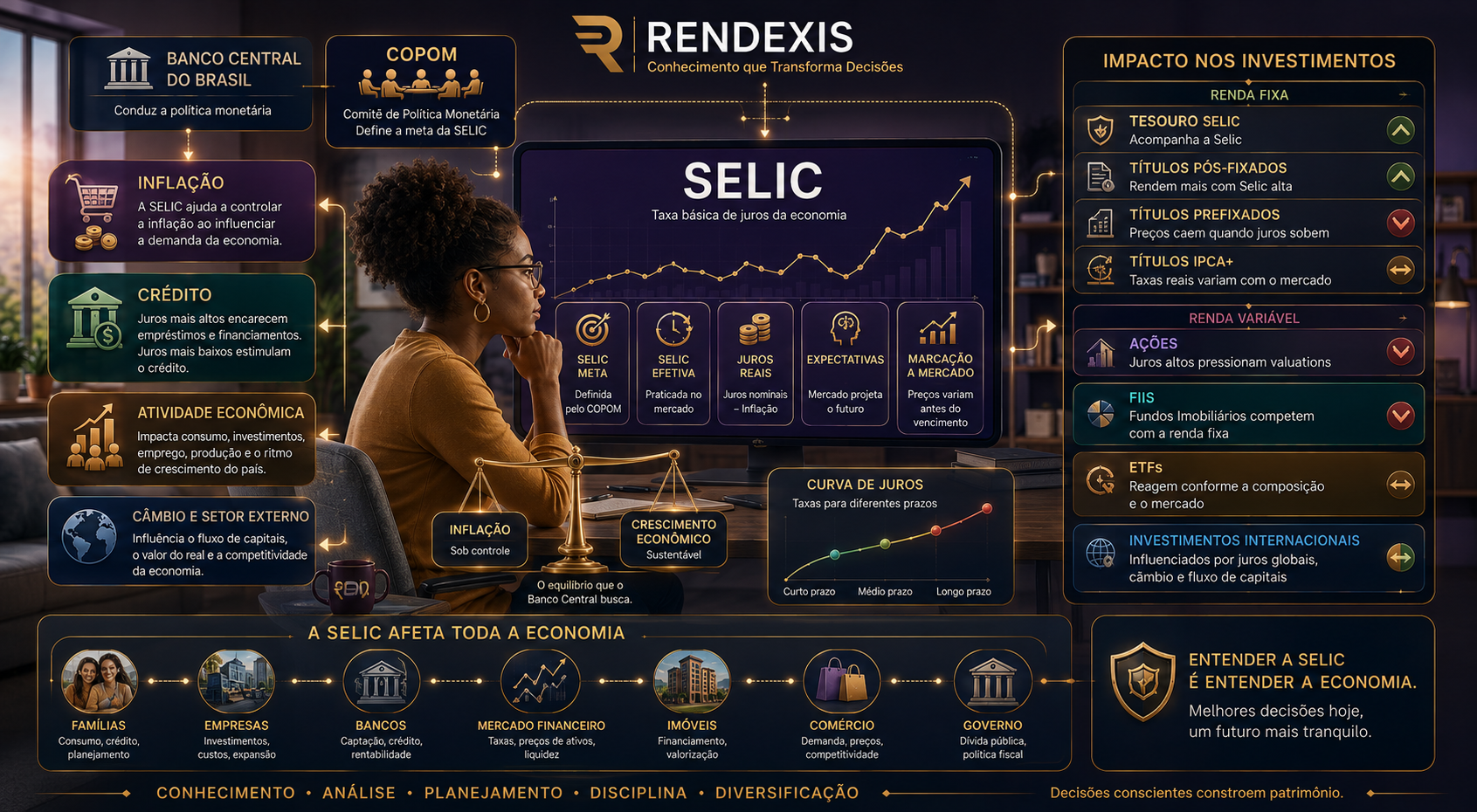 Taxa Selic: O que é e Como Afeta seus Investimentos? 1 Infográfico explicando como a Taxa Selic influencia inflação, crédito, investimentos, câmbio, consumo e crescimento econômico.