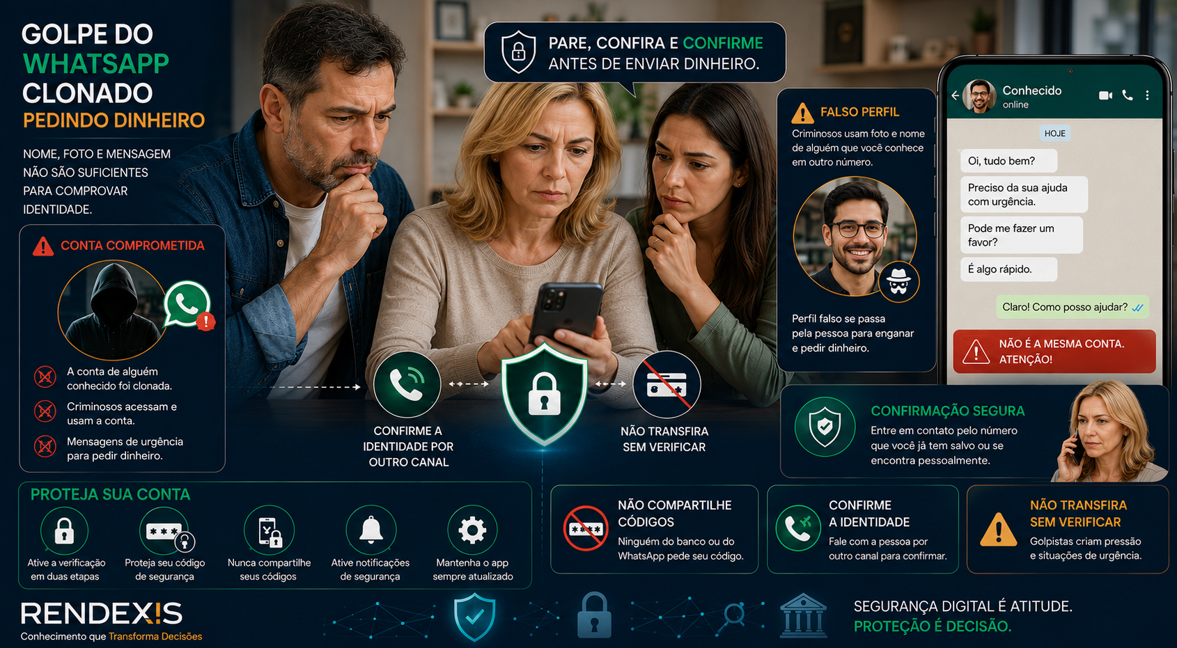 Golpe do WhatsApp clonado pedindo dinheiro e cuidados para confirmar a identidade antes de fazer uma transferência.