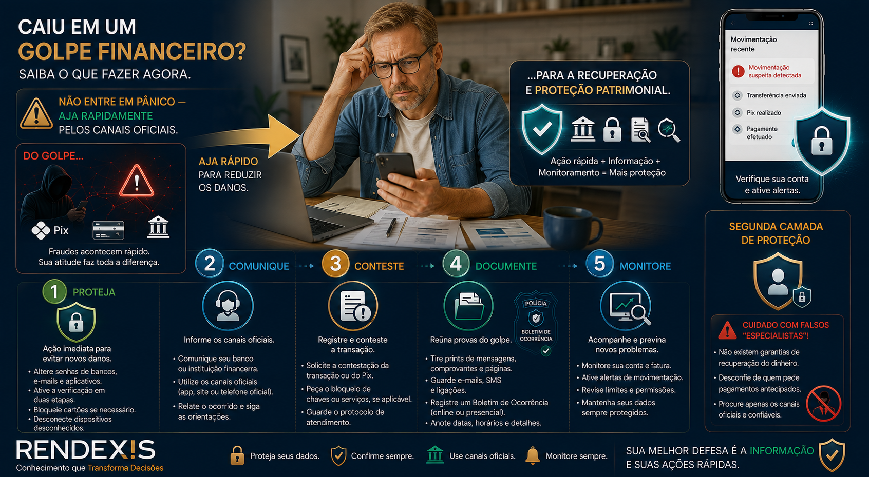 O que fazer depois de cair em um golpe financeiro: proteger a conta, comunicar o banco, contestar, registrar ocorrência e monitorar o patrimônio.