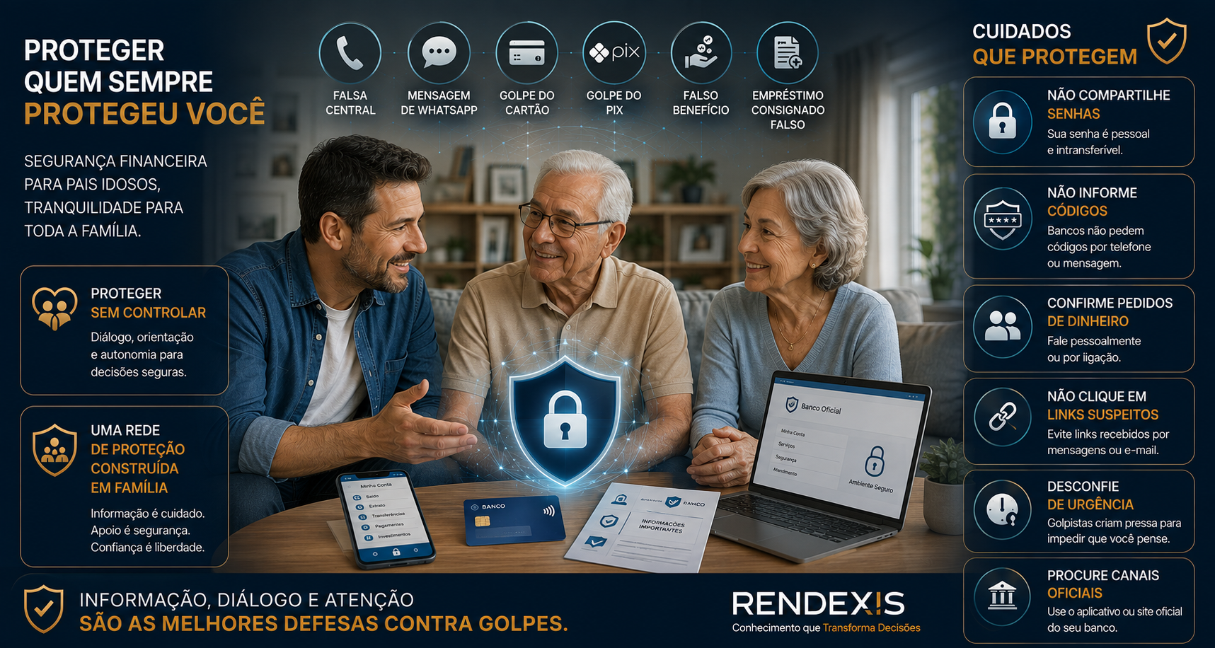 COMO PROTEGER OS PAIS IDOSOS DE GOLPES FINANCEIROS 1 Família orientando pais idosos sobre como identificar e se proteger de golpes financeiros.
