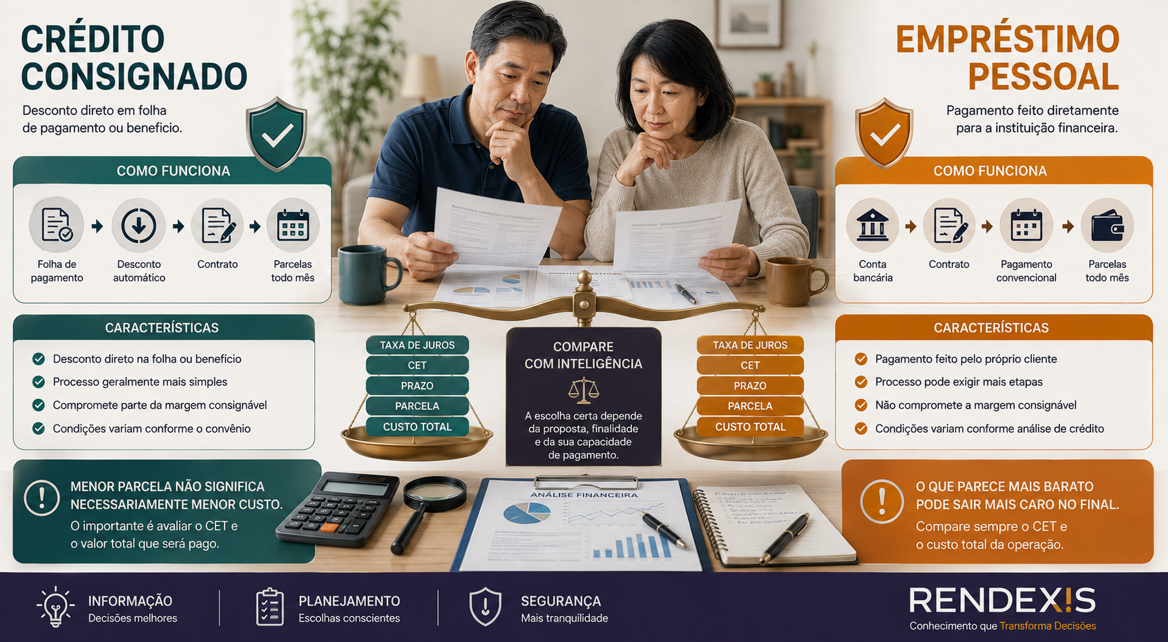 Comparação entre crédito consignado e empréstimo pessoal considerando juros, CET, prazo, parcela e custo total.