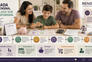 Família ensinando uma criança a administrar dinheiro por meio da mesada, planejamento, poupança e consumo consciente.