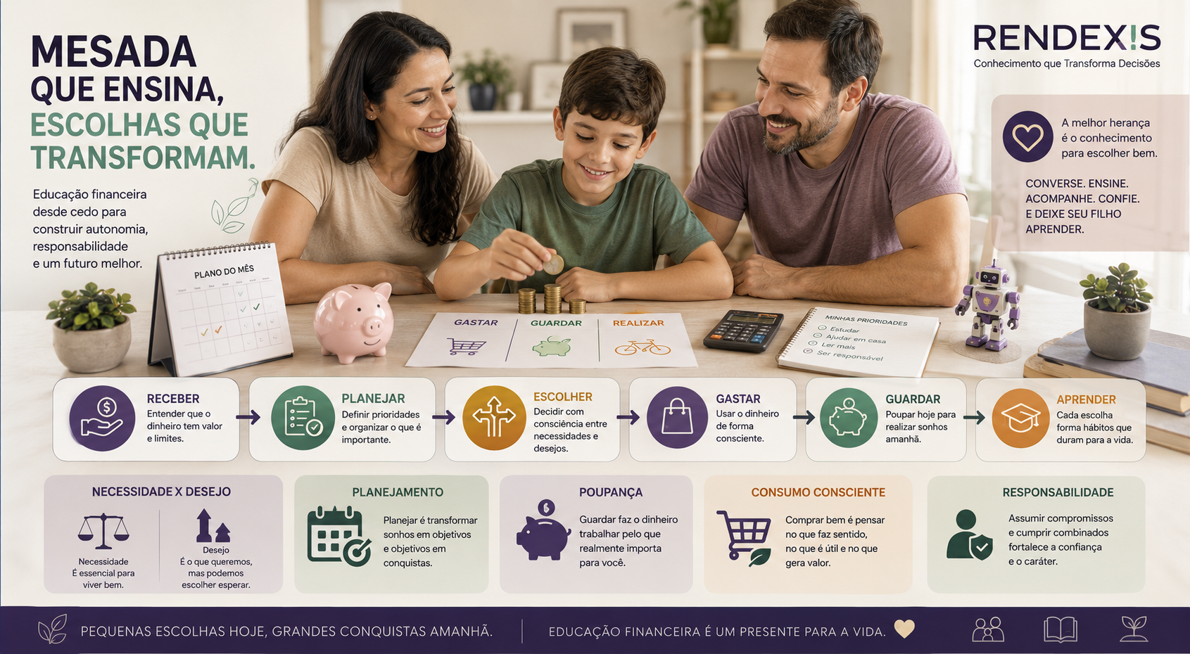 Família ensinando uma criança a administrar dinheiro por meio da mesada, planejamento, poupança e consumo consciente.