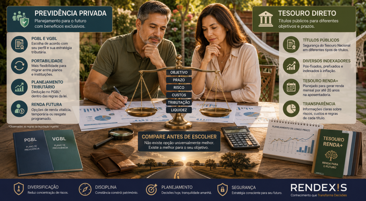 Comparação entre Previdência Privada e Tesouro Direto para planejamento financeiro e aposentadoria.