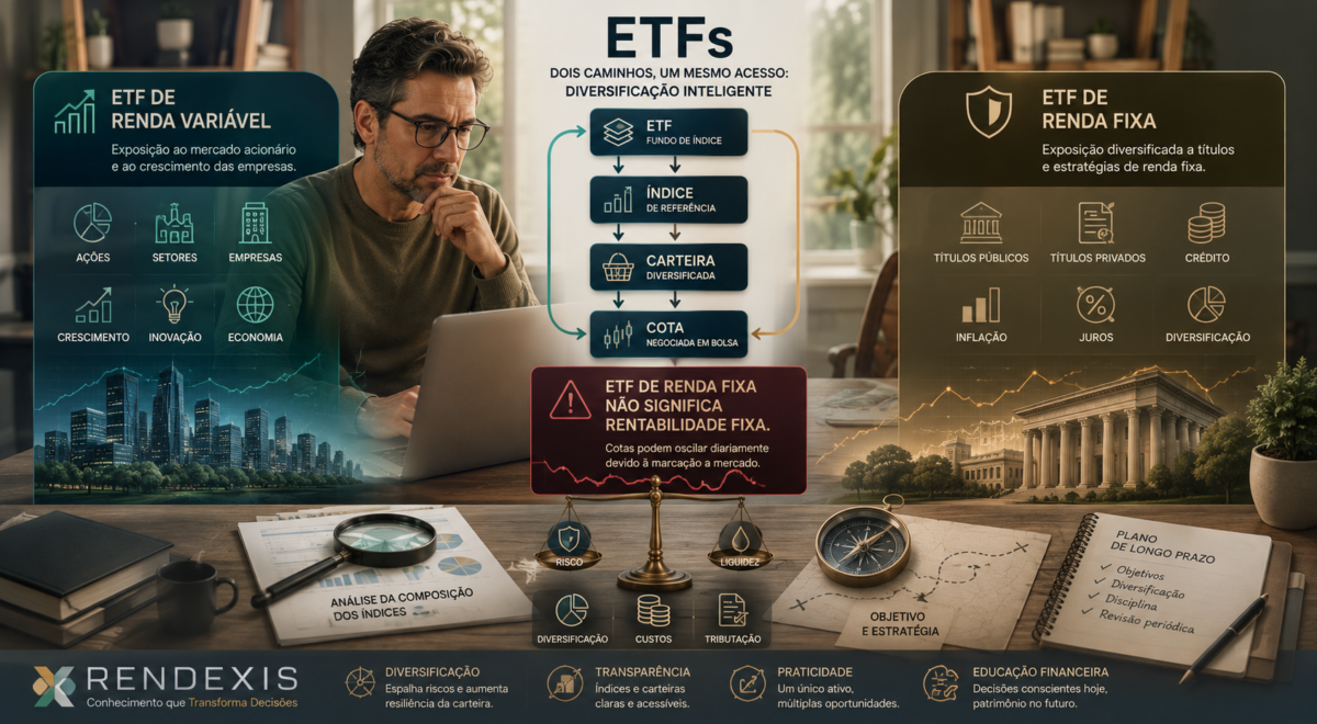 Comparação entre ETFs de renda variável e ETFs de renda fixa, mostrando diferenças de carteira, risco, liquidez e diversificação.