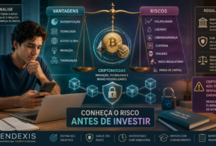 Investidor analisando vantagens, riscos, segurança e volatilidade das criptomoedas antes de investir.