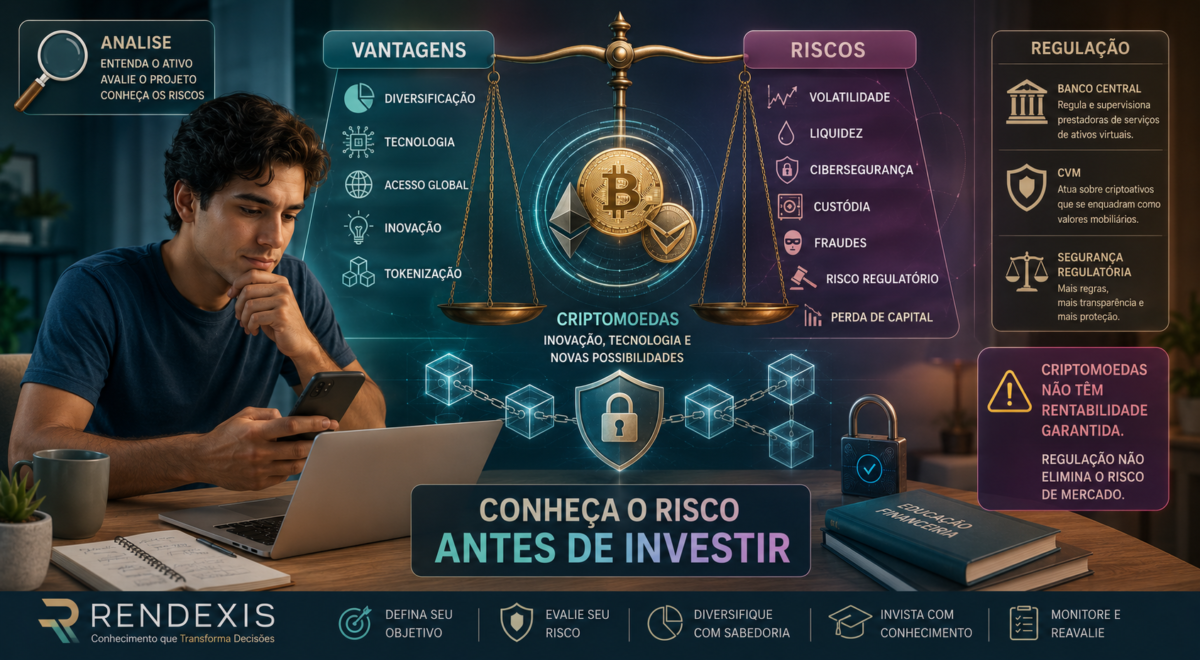 Investidor analisando vantagens, riscos, segurança e volatilidade das criptomoedas antes de investir.