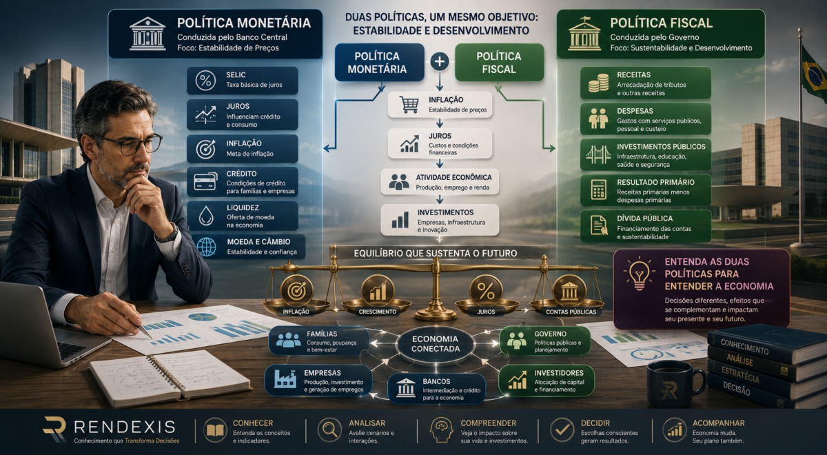 Comparação entre política monetária e política fiscal e seus impactos sobre inflação, juros, atividade econômica e investimentos.