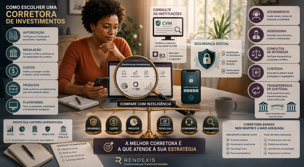 Investidor analisando segurança, custos, produtos e serviços para escolher uma corretora de investimentos.