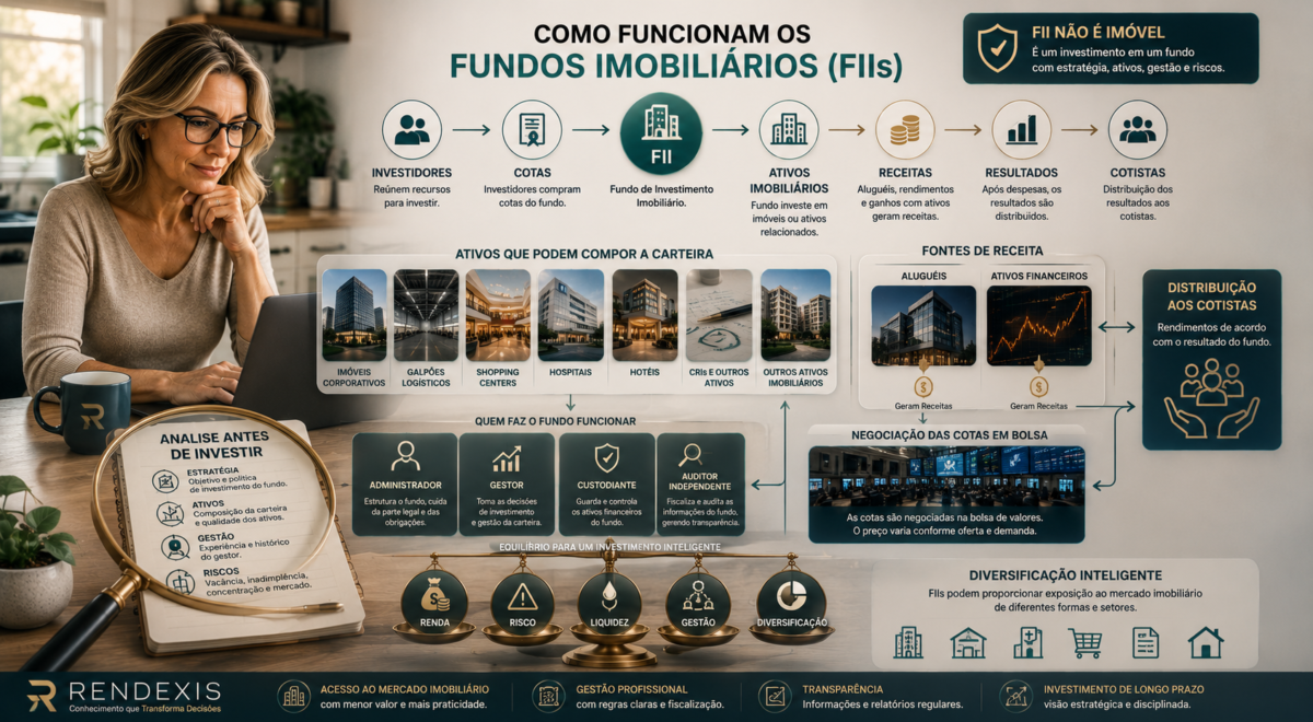 Investidor analisando como funcionam os Fundos Imobiliários, desde a compra de cotas até os ativos, receitas e resultados do fundo.