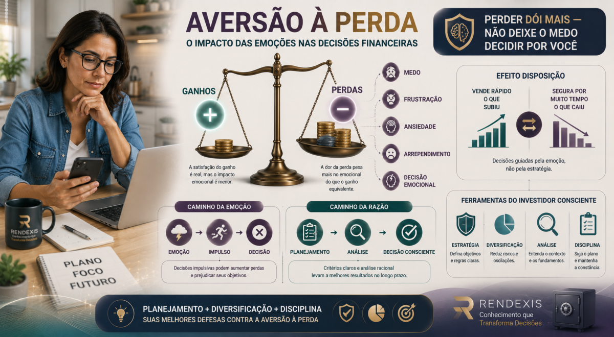 Aversão à Perda: Por Que Sentimos Mais as Perdas do Que os Ganhos 1 Ilustração conceitual da aversão à perda mostrando uma balança emocional em que as perdas têm maior peso psicológico que os ganhos nas decisões financeiras.