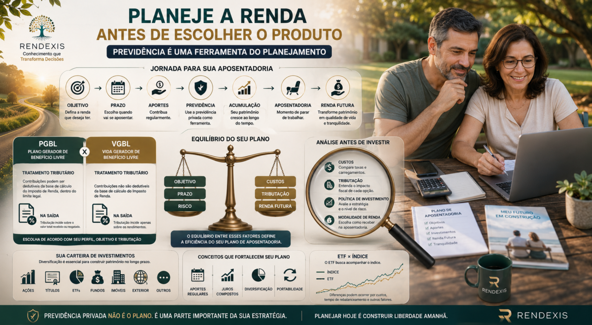 Casal planejando a aposentadoria com previdência privada, analisando PGBL, VGBL, custos, tributação, aportes e renda futura.