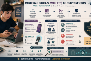 Carteiras digitais de criptomoedas, mostrando hot wallet, cold wallet, chaves públicas e privadas, seed phrase e cuidados de segurança.