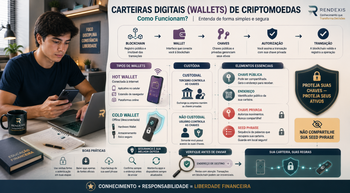 CARTEIRAS DIGITAIS (WALLETS): COMO FUNCIONAM? GUIA COMPLETO PARA INICIANTES 1 Carteiras digitais de criptomoedas, mostrando hot wallet, cold wallet, chaves públicas e privadas, seed phrase e cuidados de segurança.