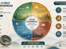 Infográfico sobre os ciclos econômicos, mostrando expansão, desaceleração, recessão e recuperação e seus possíveis impactos sobre Investimentos.