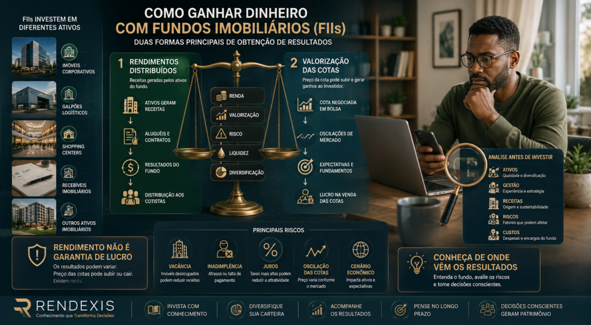 Investidora analisando as duas principais formas de obter resultados com Fundos Imobiliários: rendimentos distribuídos e valorização das cotas.