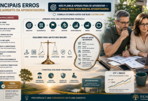 Casal planejando a aposentadoria enquanto analisa erros como falta de planejamento, inflação, longevidade, patrimônio, custos, riscos e renda futura.
