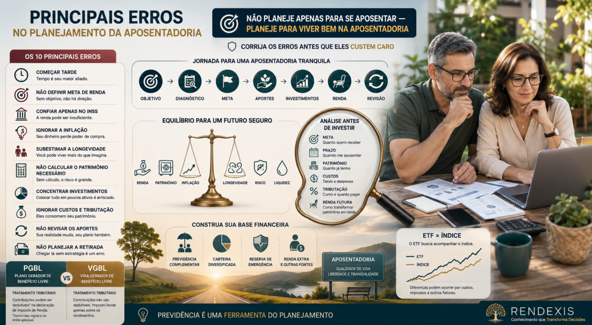Casal planejando a aposentadoria enquanto analisa erros como falta de planejamento, inflação, longevidade, patrimônio, custos, riscos e renda futura.