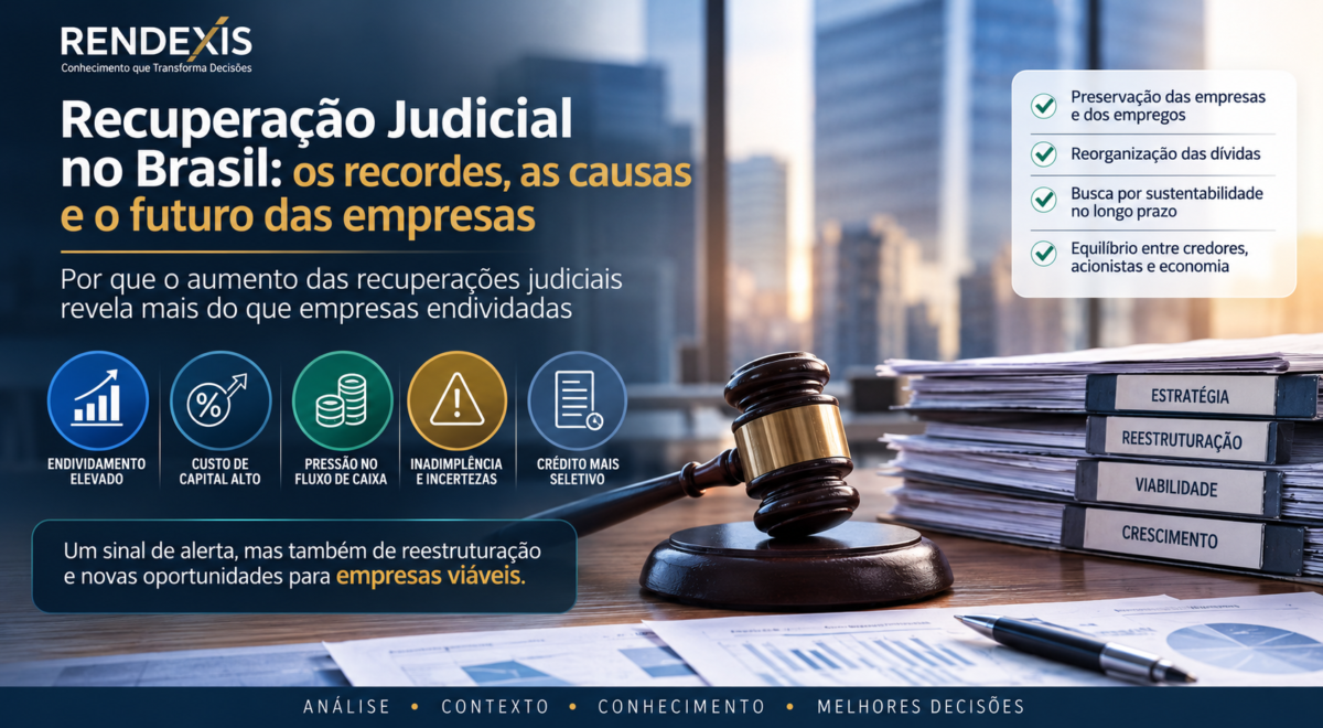 Recuperação judicial no Brasil: empresa em processo de reestruturação financeira, endividamento, geração de caixa e recuperação operacional.
