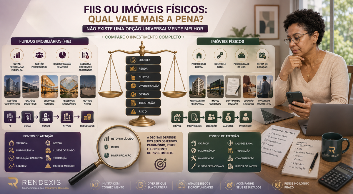 Comparação entre Fundos Imobiliários e imóveis físicos, destacando liquidez, renda, custos, diversificação, gestão, tributação e riscos.