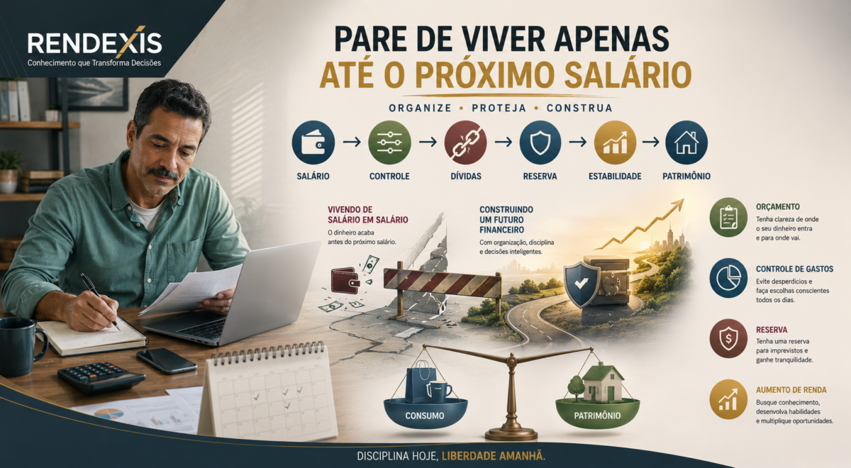 Homem organizando as finanças para sair do ciclo de viver de salário em salário e construir reserva e patrimônio.
