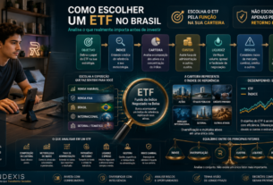 Investidora analisando como escolher um ETF no Brasil, considerando índice, carteira, custos, liquidez, riscos, tributação e adequação à estratégia
