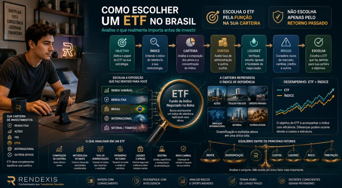 Investidora analisando como escolher um ETF no Brasil, considerando índice, carteira, custos, liquidez, riscos, tributação e adequação à estratégia
