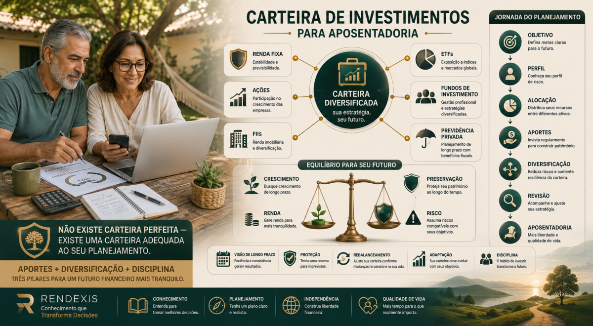 Casal analisando uma carteira de investimentos para aposentadoria, com renda fixa, ações, FIIs, ETFs, previdência privada, diversificação, aportes e planejamento de longo prazo.