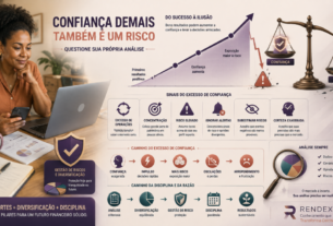 Investidor analisando investimentos enquanto o excesso de confiança aumenta sua exposição a riscos, concentração e decisões impulsivas.
