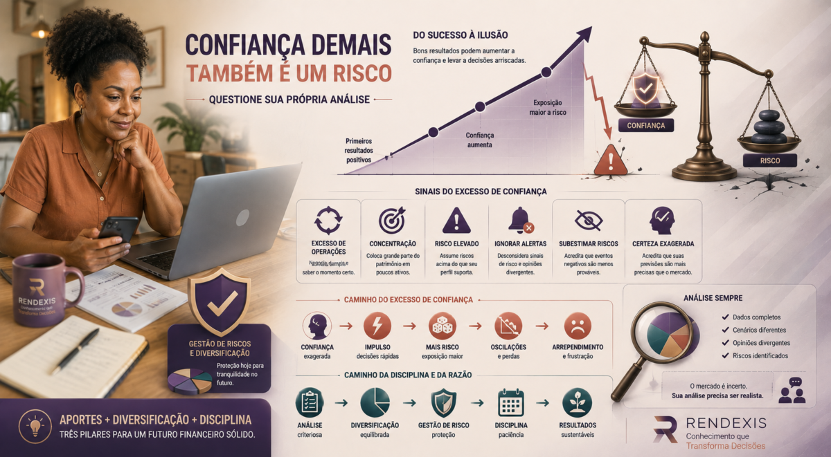 Investidor analisando investimentos enquanto o excesso de confiança aumenta sua exposição a riscos, concentração e decisões impulsivas.