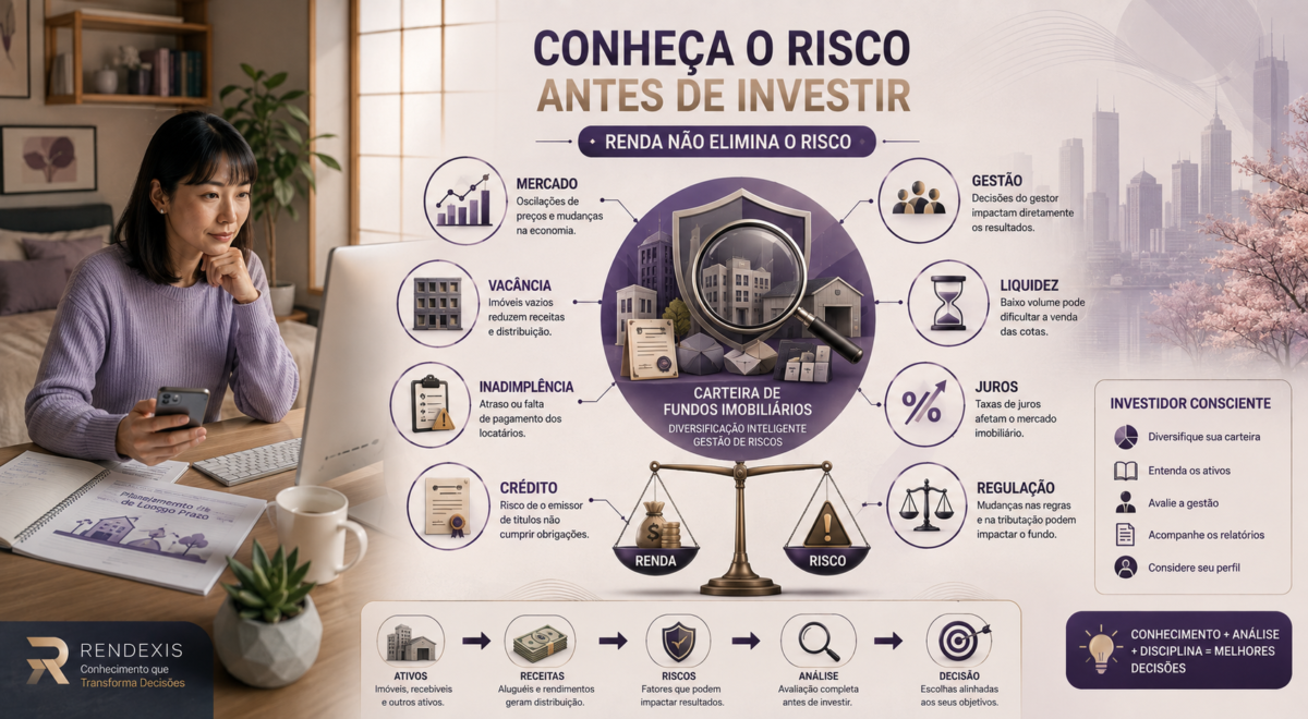 Riscos dos Fundos Imobiliários: O Que Todo Investidor Deve Conhecer 1 Investidora analisando os principais riscos dos Fundos Imobiliários, incluindo mercado, vacância, inadimplência, crédito, gestão, liquidez e juros.