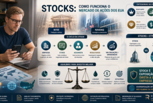 Mercado de ações dos Estados Unidos, representando stocks, bolsas americanas, acionistas, diversificação internacional e análise de empresas.