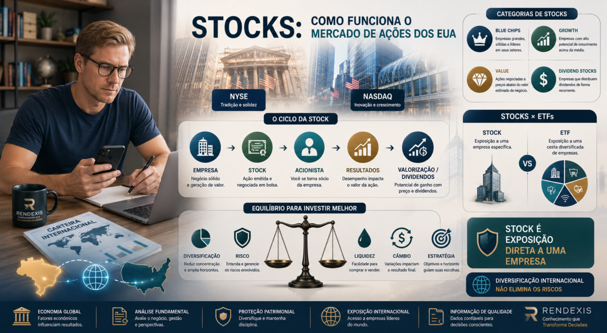 Mercado de ações dos Estados Unidos, representando stocks, bolsas americanas, acionistas, diversificação internacional e análise de empresas.