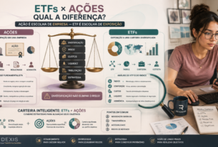 Comparação entre ETFs e ações, mostrando as diferenças entre investir em uma empresa individual e em uma carteira baseada em índice.