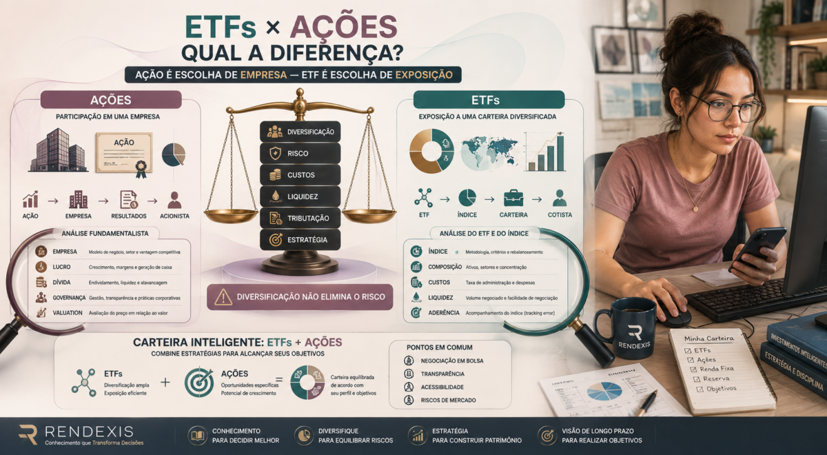Comparação entre ETFs e ações, mostrando as diferenças entre investir em uma empresa individual e em uma carteira baseada em índice.
