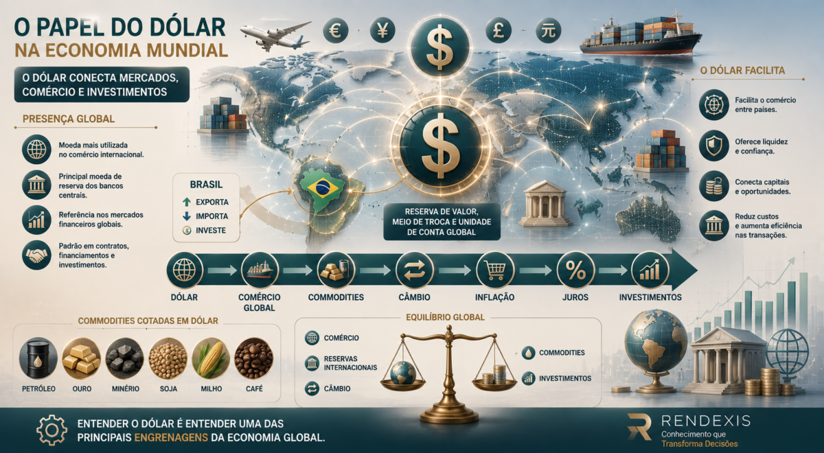 Ilustração sobre o papel do dólar na economia mundial, conectando comércio internacional, commodities, câmbio, inflação, juros, bancos centrais e investimentos globais.