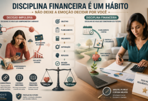 Pessoa organizando o planejamento financeiro e comparando decisões impulsivas com disciplina, orçamento, metas e controle emocional.