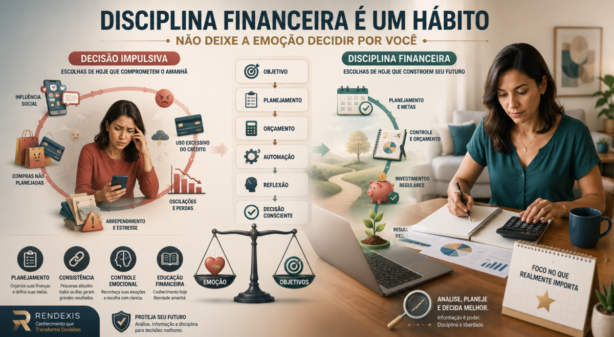 Pessoa organizando o planejamento financeiro e comparando decisões impulsivas com disciplina, orçamento, metas e controle emocional.