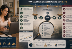 Investidora analisando as principais vantagens e desvantagens dos ETFs, com destaque para diversificação, custos, liquidez, riscos, índice e tributação.