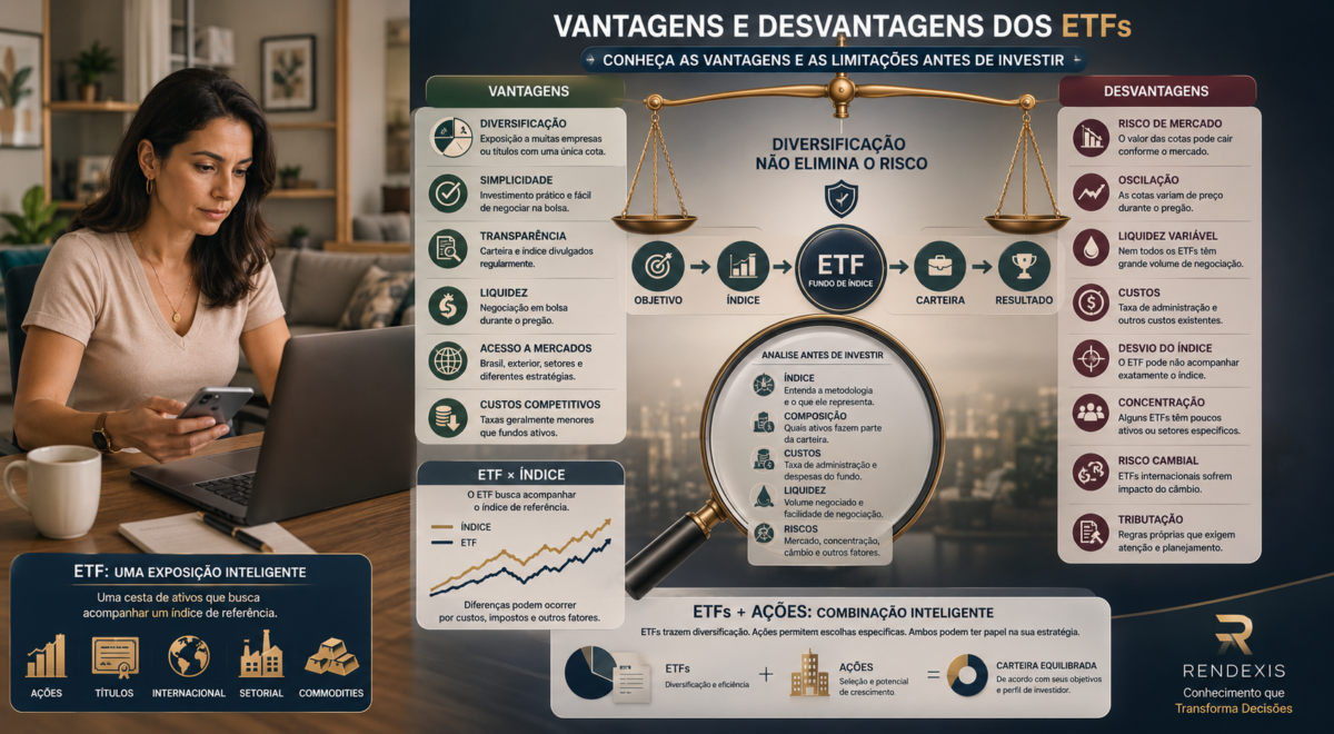 Investidora analisando as principais vantagens e desvantagens dos ETFs, com destaque para diversificação, custos, liquidez, riscos, índice e tributação.