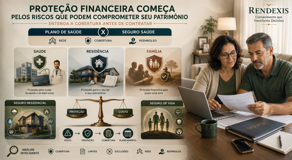 Proteção financeira representada por plano de saúde, seguro saúde, seguro residencial e seguro de vida para proteção da família e do patrimônio.