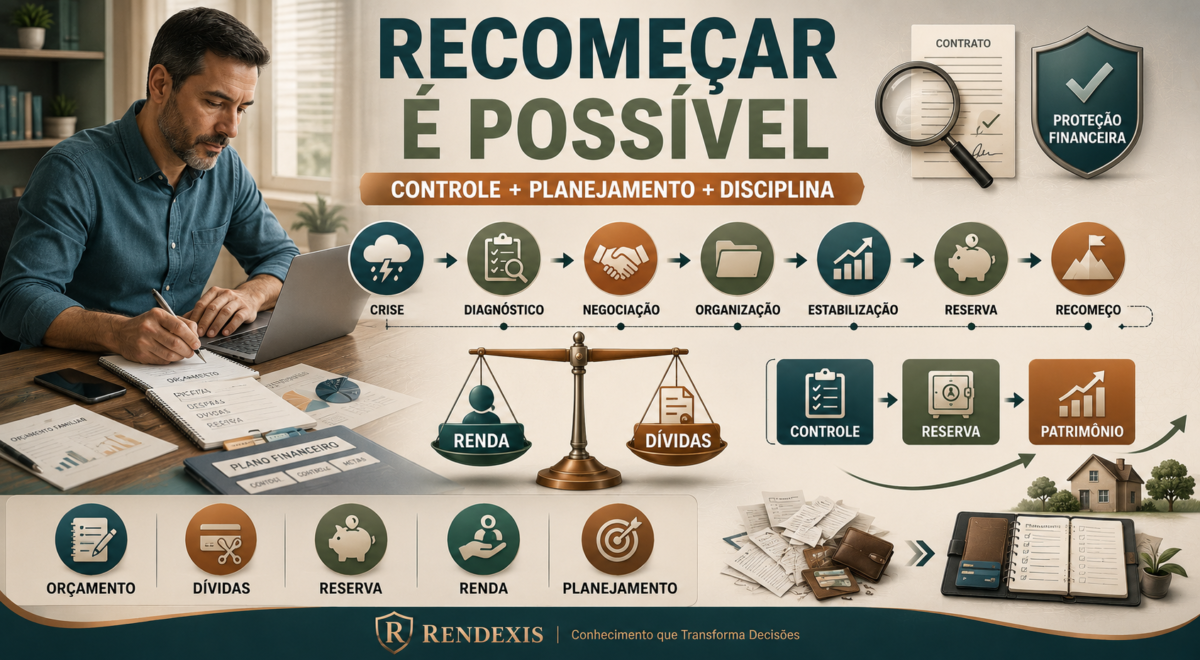 Pessoa reorganizando a vida financeira após uma crise de endividamento, com fluxo de diagnóstico, negociação, controle, reserva e reconstrução patrimonial.