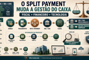 Ilustração conceitual do Split Payment e do novo IVA mostrando a divisão do pagamento entre IBS e CBS e o valor líquido destinado ao caixa da empresa.