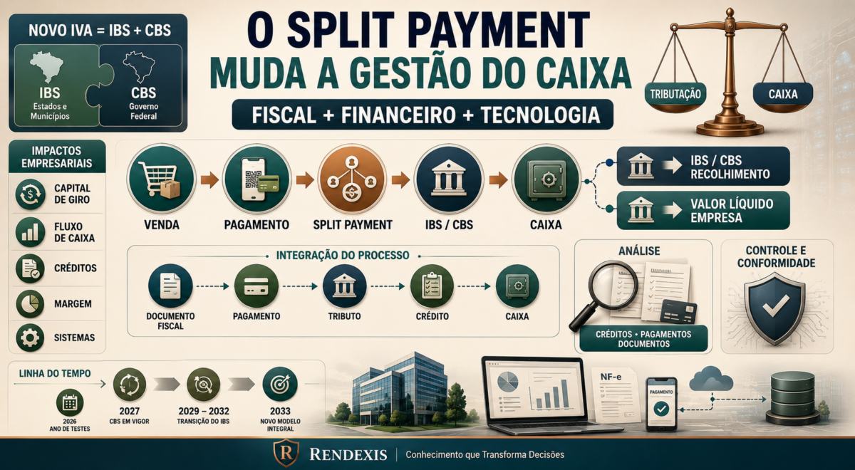 Ilustração conceitual do Split Payment e do novo IVA mostrando a divisão do pagamento entre IBS e CBS e o valor líquido destinado ao caixa da empresa.