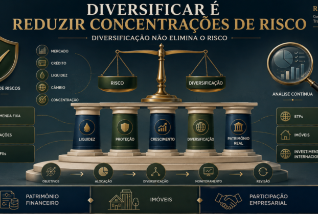 Diversificação patrimonial representada por diferentes classes de ativos e pilares de patrimônio, com foco na redução da concentração de riscos.