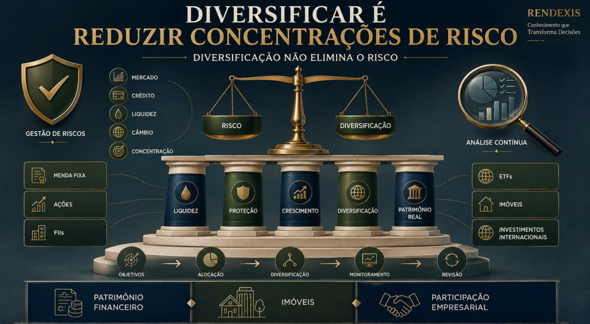 Diversificação Patrimonial: Como Reduzir Riscos 1 Diversificação patrimonial representada por diferentes classes de ativos e pilares de patrimônio, com foco na redução da concentração de riscos.