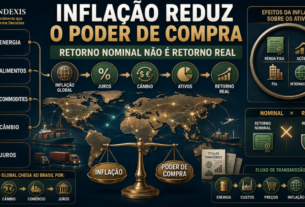 Inflação global conectada a juros, câmbio, commodities e diferentes classes de investimentos, destacando o impacto sobre o poder de compra.