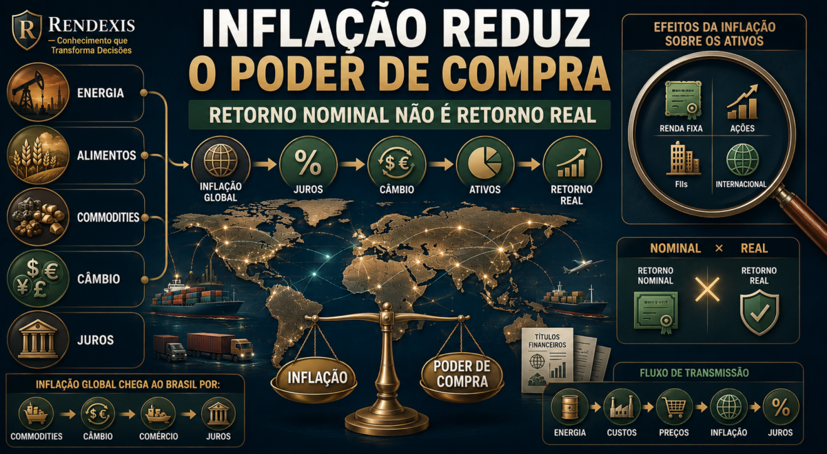 Inflação global conectada a juros, câmbio, commodities e diferentes classes de investimentos, destacando o impacto sobre o poder de compra.